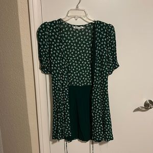 Green and white flower wrap mini dress